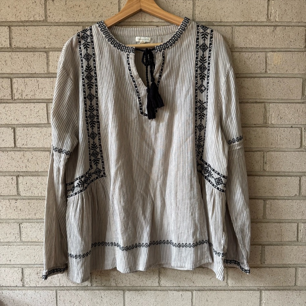 Garnet Hill Striped Boho Blouse w/ Embroidery, Tassel Tie, Organic Cotton, Sz 12